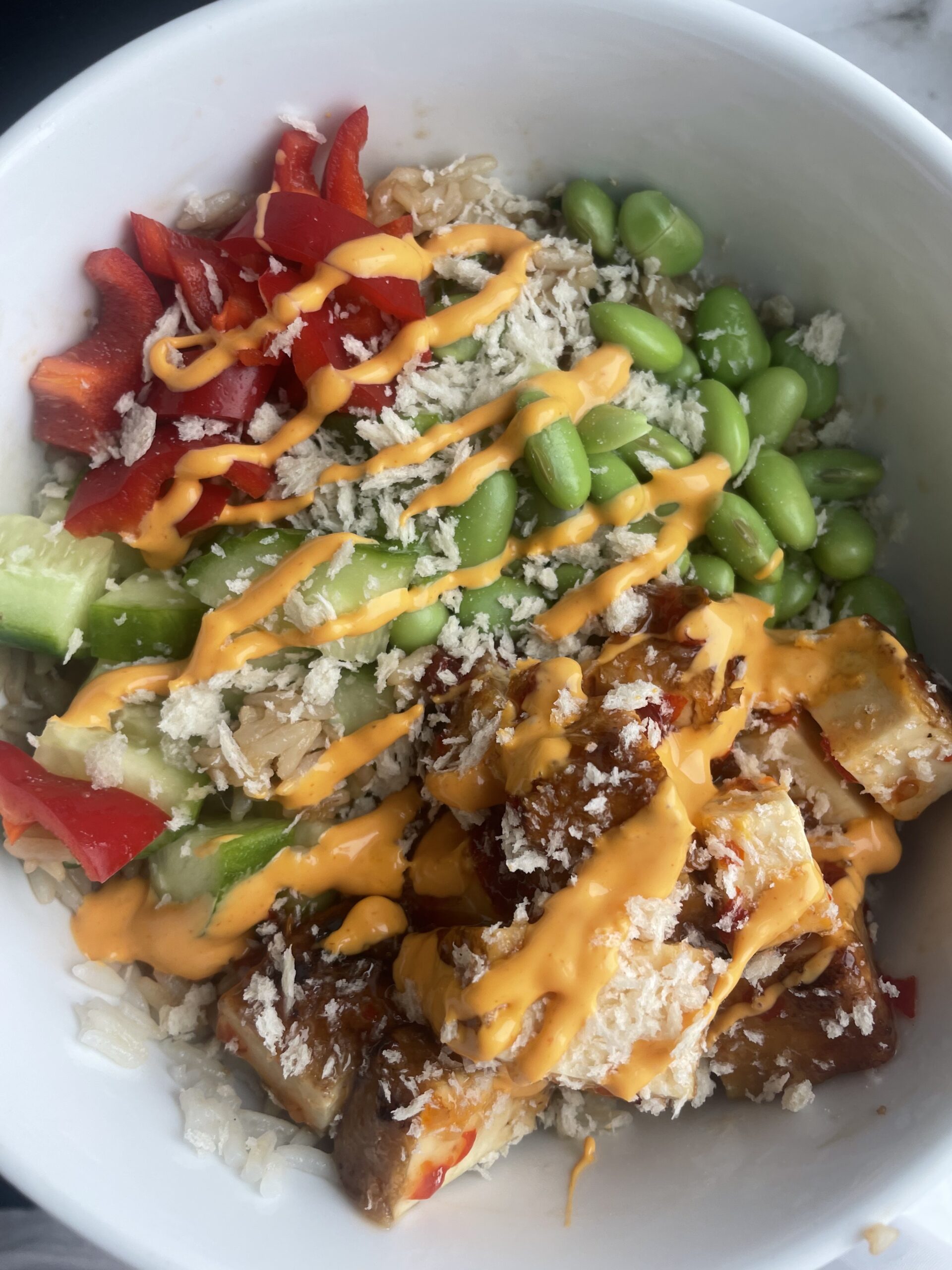 Crispy Sesame Ginger Tofu Bowl with Sweet Chili Sauce